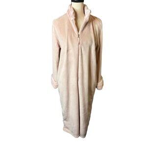 Anne Klein Womens Pink Fleece Full Zip Long Robe Faux Fur Trim Size S/M Cozy